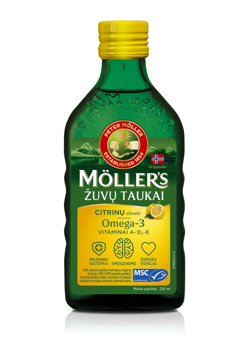 Möller’s skysti žuvų taukai 250 ml, citrinų skonio