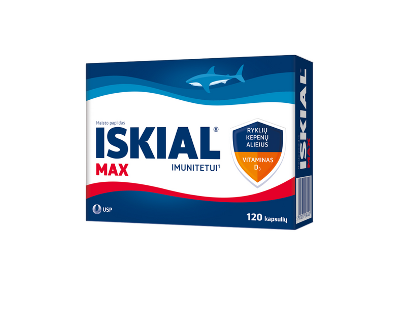 ISKIAL MAX ryklių kepenų aliejus + vitaminas D, kapsulės N120, nuotrauka Nr. 1
