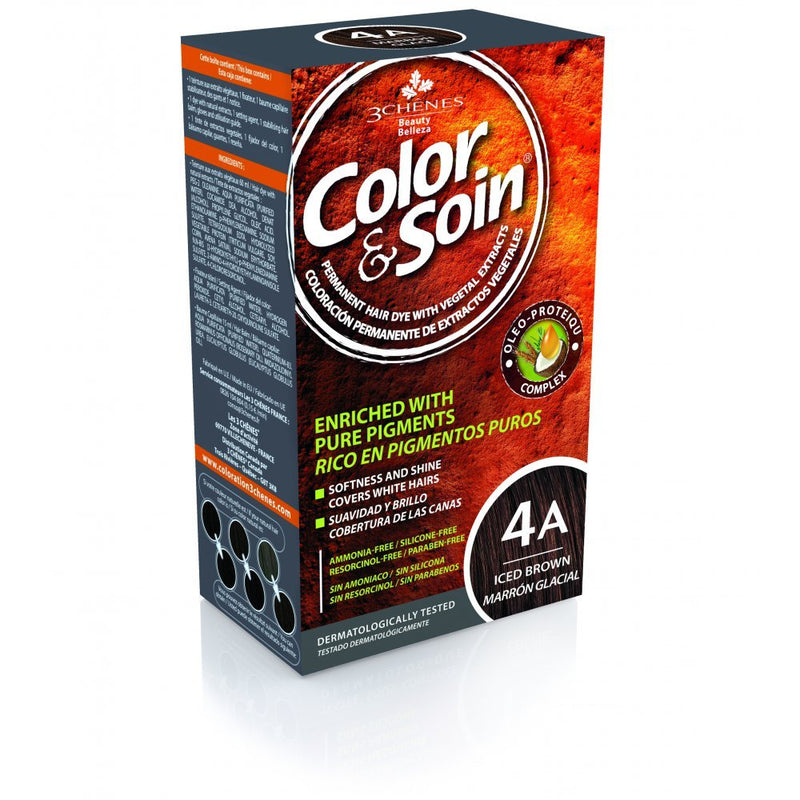 COLOR&SOIN Ilgalaikiai plaukų dažai be agresyvių medžiagų Nr.4A, Ledinė ruda spalva 135ml 