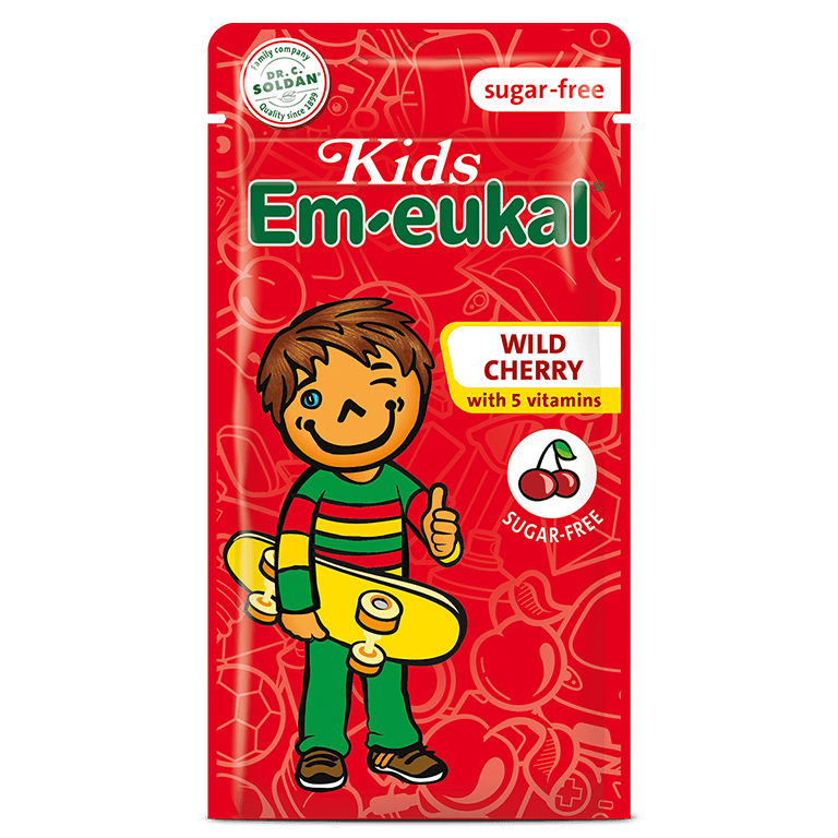 EM-EUKAL Kinder laukinės vyšnios skonio pastilės su 5 vitaminais, BE CUKRAUS, su saldikliais, 75g